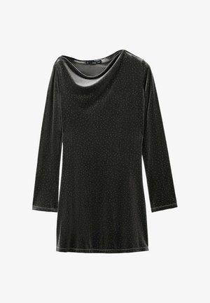 Czarna aksamitna sukienka z długim rękawem, z dekoltem typu komin i subtelnym srebrnym wzorem w kropki, sięgająca do kolan.