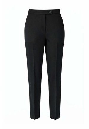 Pantaloni neri su misura alla caviglia con vita alta, piega frontale e chiusura con singolo bottone in vita.