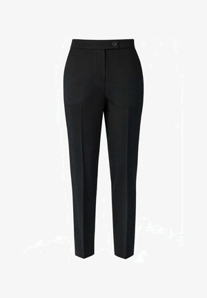 Pantaloni neri su misura alla caviglia con vita alta, piega frontale e chiusura con singolo bottone in vita.