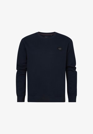 Donkerblauwe sweatshirt gemaakt van gestructureerde stof. Heeft een klassieke ronde hals en lange mouwen, met een klein logo-embleem op de borst.
