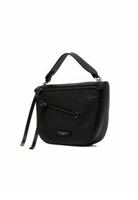 Borsa a tracolla in pelle nera con una texture liscia, forma semicircolare, manico superiore e tasca anteriore con zip. Accessori in metallo argentato.