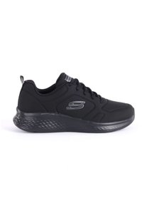 Scarpe sportive nere con tomaia sintetica liscia, design con lacci, suola intermedia texturizzata e marchio discreto sul lato.