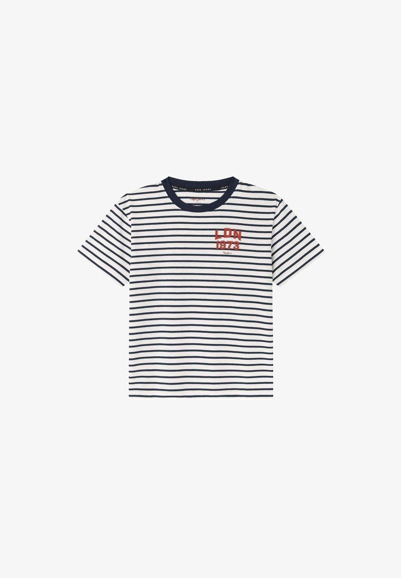 Gestreiftes T-Shirt in Marineblau und Weiß mit Rundhalsausschnitt. Beinhaltet den aufgestickten Text "LDN 1973" in Rot auf der linken Brust.