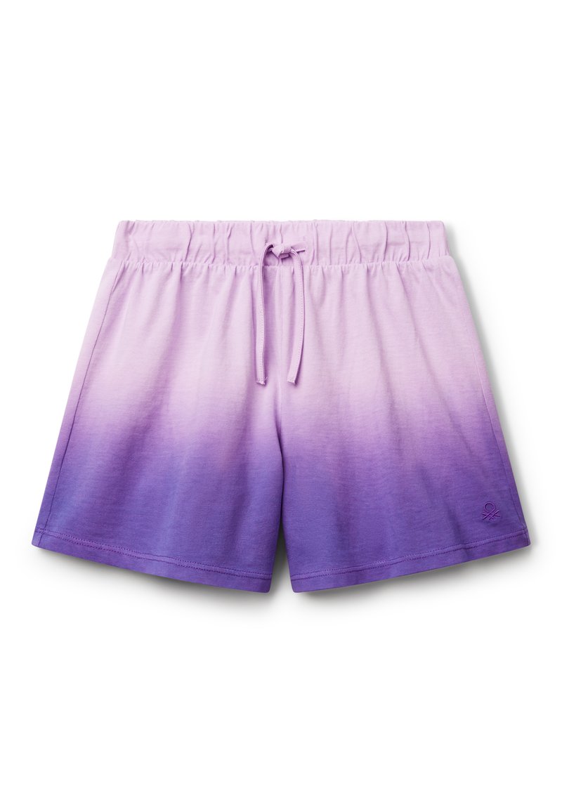 Shorts con gradiente violaceo, dotati di una vita elastica e cordoncino. Realizzati in un tessuto morbido, presentano una texture liscia e nessuna tasca.