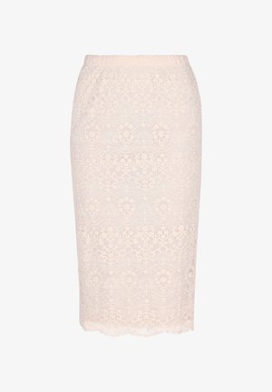 Lace pencil skirt in soft beige with floral pattern, elastic waistband, and scalloped hemline. Made of lightweight fabric with a delicate texture.