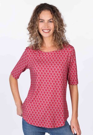 Rotes Kurzarmshirt mit einem Allover-Blattmuster und feinen Details. Der Stoff hat eine glatte Textur und eine lässige Passform am Saum.