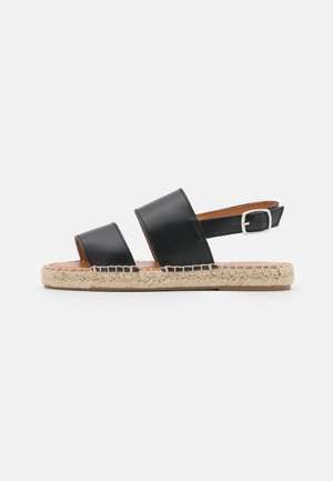 Sandale en cuir noir avec deux larges brides, une bride à boucle à la cheville et une semelle plate en jute tressé sur un fond blanc.