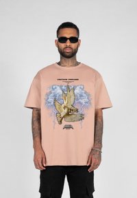 Lys rosa oversized t-skjorte med et grafisk motiv av en fugl, skyer og lyn. Har teksten "VINTAGE DREAMS" og en sesongetikett nederst.