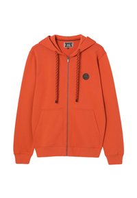 Oranje zip-up hoodie met trekkoorden, voorzakken, geribde manchetten en een kleine ronde berenembleem op de linkerborst.