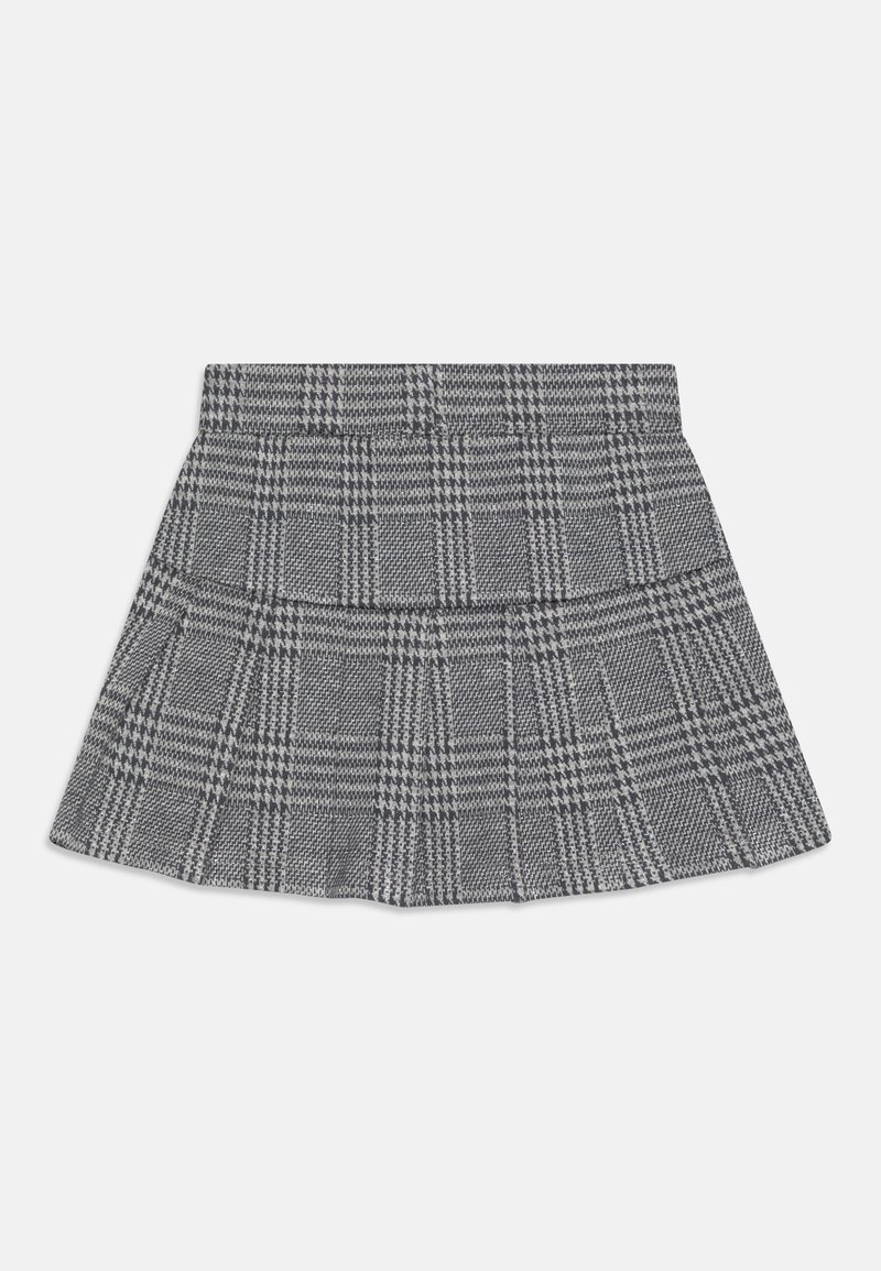 Jupe plissée à carreaux gris et noir avec une taille haute, présentée à plat sur fond blanc.