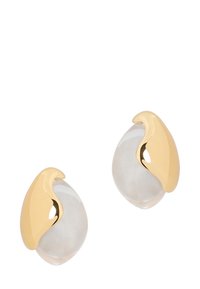 Kuldsete ja läbipaistvate akrüülkõrvarõngaste orgaanilise pisarakuju, millel on läikiv viimistlus ja kõver kuldne detail ülaosas.