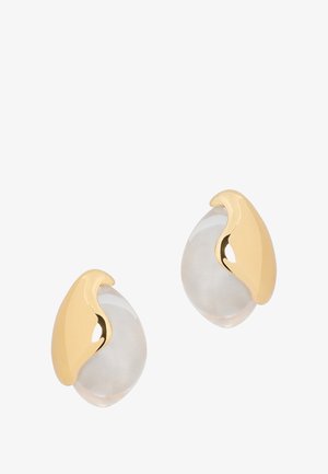 Gold and clear acrylic earrings with an organic teardrop shape, featuring a glossy finish and curved gold accent on top.