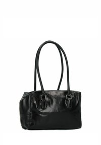 Sac fourre-tout en cuir noir avec deux longues poignées, de forme rectangulaire et surface brillante. Comprend des garnitures en métal argenté et un détail de fermeture éclair.