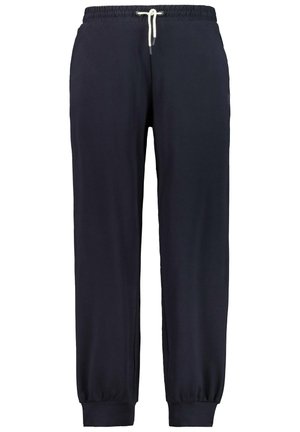 Mørkeblå sweatpants med elastisk talje, snøre lukning og tapered manchetter; glat tekstur og minimalistisk design.