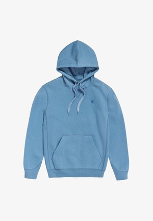 Sweat à capuche bleu clair à enfiler avec poche kangourou à l'avant, capuche à cordon réglable, poignets côtelés et petit logo sur la poitrine.