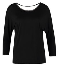 Haut noir à manches longues pour femme, col rond large avec un détail subtil de bordure en dentelle autour du col.