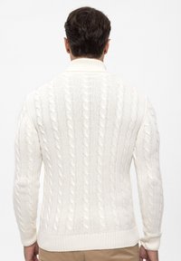 Chunky Strickpullover in Off-White mit einem Zopf-Muster, hohem Kragen und gerippten Bündchen und Saum. Strukturierter Stoff mit einem gemütlichen Aussehen.