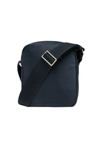 Borsa a tracolla nera in nylon con forma quadrata, tracolla regolabile e fibbia argentata. Texture liscia senza motivi visibili o dettagli.