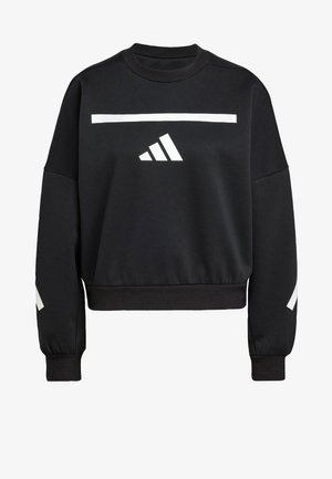 Black sweatshirt made of cotton blend, featuring a white horizontal stripe and three white stripes on the left sleeve, with crew neckline.