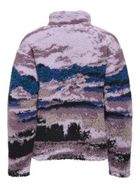 Fleece trui met een hoge kraag, met een patroon van een berglandschap in paars, blauw en zwart. Zacht, gestructureerd materiaal met lange mouwen.