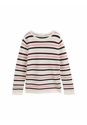 Cămașă cu mâneci lungi, cu dungi albe, prezintă dungi orizontale în nuanțe de roz, burgund și negru. Textură ribbată cu un decolteu rotund.