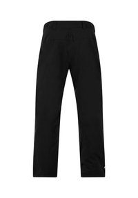Zwarte waterdichte broek met een gladde textuur, recht model, verstelbare tailleband en met ritssluitingen aan de zijkanten.