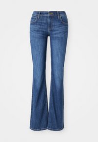 Jean bootcut en denim bleu avec poches avant, passants de ceinture et fermeture par boutons.