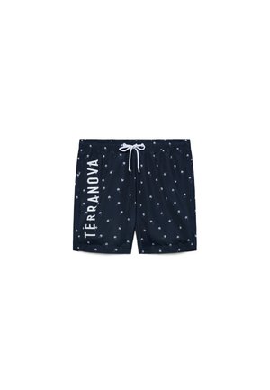 Pantaloncini da bagno blu navy con piccolo motivo di palme bianche, vita con coulisse bianca e scritta "TERRANOVA" in verticale sulla gamba sinistra.