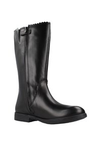 Bota negra de cuero hasta la rodilla con un acabado liso, cierre de cremallera, detalles decorativos en forma de ondas en la parte superior y una suela plana de goma.