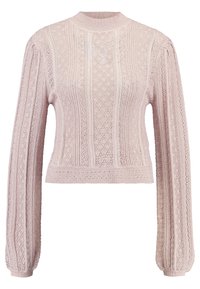 Różowy sweter z dzianiny z wysokim kołnierzem, długimi puffed rękawami, skomplikowanymi wzorami koronkowymi oraz skróconym krojem z prążkowanym wykończeniem.