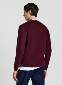 Burgunderfarbener Strickpullover mit strukturierter Oberfläche, langen Ärmeln und geripptem Saum, über einem weißen Hemd getragen, von hinten betrachtet.