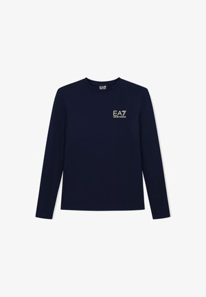 T-shirt a manica lunga blu navy in cotone, con un piccolo logo dorato EA7 sulla parte sinistra del petto e collo rotondo.