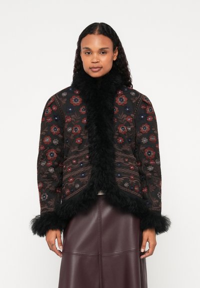 Floral embroidered jacket in dark fabric with black faux fur collar and cuffs, featuring multicolor flowers and intricate patterns.