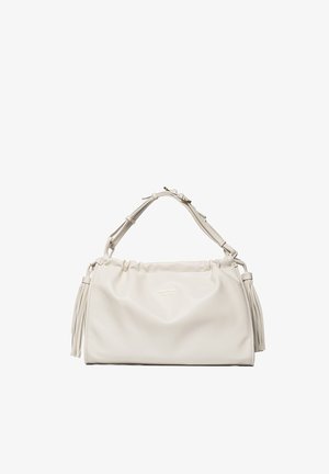 White leather shoulder bag with adjustable strap, tassels on each side, and subtle logo centered on the front.