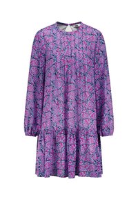 Paarse en roze bloemenpatroon jurk met lange mouwen, gerimpelde zoom en een ronde halslijn met een uitsnijding op de rug.