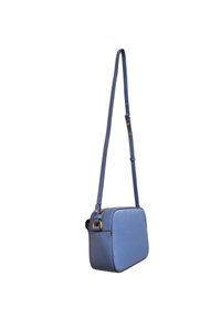 Borsa a tracolla in pelle blu con forma rettangolare, superficie testurizzata, tracolla regolabile e dettagli in metallo dorato.