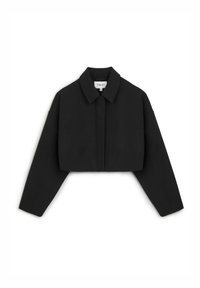 Schwarze cropped Jacke mit Kragen, vorderem Reißverschluss und übergroßen Ärmeln. Glatte Stoffoberfläche ohne sichtbare Muster oder Akzente.