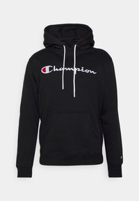 Felpa nera in misto cotone con tasca frontale, cappuccio regolabile con lacci e logo "Champion" ricamato in bianco sul petto.