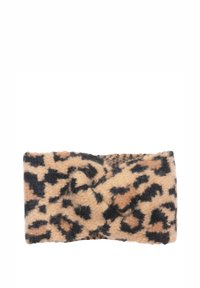 Bandeau imprimé léopard, fabriqué en tissu doux avec une finition texturée. Présente un design torsadé à l'avant dans des couleurs beige et noir.