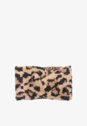 Leopard print headband, made of soft fabric with a textured finish. Features a twisted front design in beige and black colors.