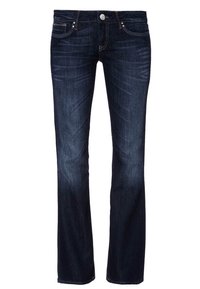 Jeans in denim blu scuro con design a gamba dritta. Presentano cinque tasche, chiusura con bottone e cerniera, e dettagli di cuciture sottili.