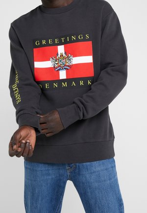 Person wearing a black sweatshirt with a red and white Danish flag and coat of arms, yellow text saying "Greetings Denmark," and blue jeans.