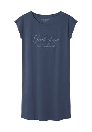 Granatowa sukienka t-shirtowa, z krótkimi rękawami typu cappy, z białym nadrukiem z napisem "Dobre dni / Rozejrzyj się... Przed nami piękno."