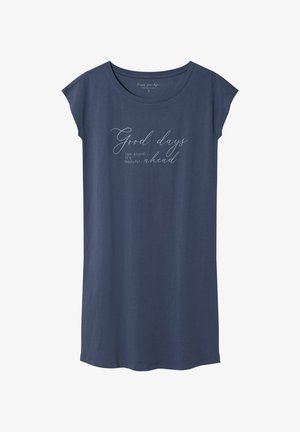 Granatowa sukienka t-shirtowa, z krótkimi rękawami typu cappy, z białym nadrukiem z napisem "Dobre dni / Rozejrzyj się... Przed nami piękno."