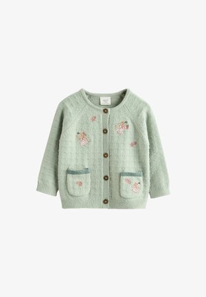 Cardigan en tricot vert clair avec des manches longues, un col rond, des boutons décoratifs, deux poches frontales et des détails de broderie florale.