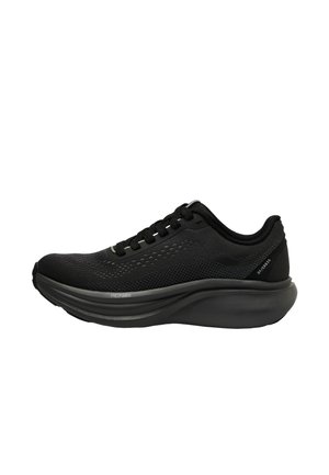 Black athletic sneaker with mesh upper, lace-up design, and thick cushioned sole labeled "Freeform," shown in right side profile.