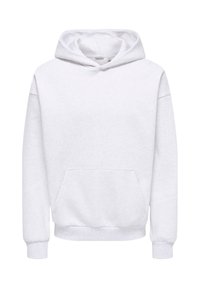 Sweat à capuche blanc uni à manches longues, poche kangourou à l'avant et capuche attachée, présenté sur un fond neutre.