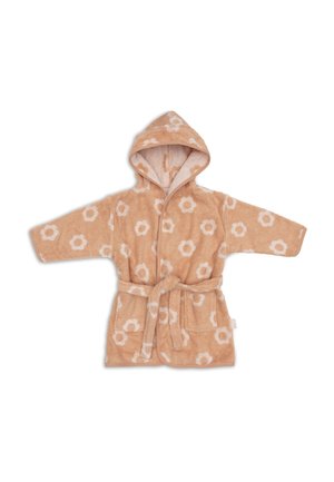 Peignoir à capuche beige pour enfants avec des motifs de fleurs blanches, poches avant et ceinture nouée à la taille, posé à plat avec les bras étendus.