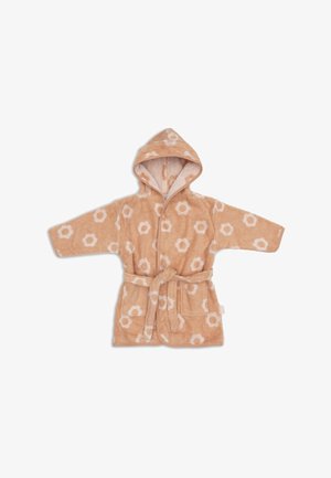 Peignoir à capuche beige pour enfants avec des motifs de fleurs blanches, poches avant et ceinture nouée à la taille, posé à plat avec les bras étendus.