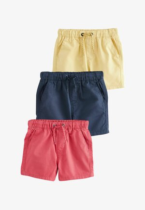 Drei Shorts in Gelb, Marineblau und Koralle. Jede hat einen elastischen Bund, einen Kordelzug und Seitentaschen. Aus glattem Baumwollstoff.
